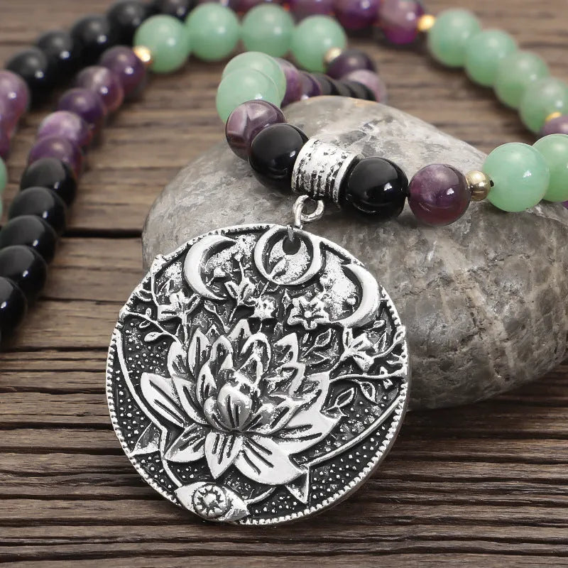 Handmade yoga lotus pendant necklace and bracelet set with stone beads and geometric alloy pendant