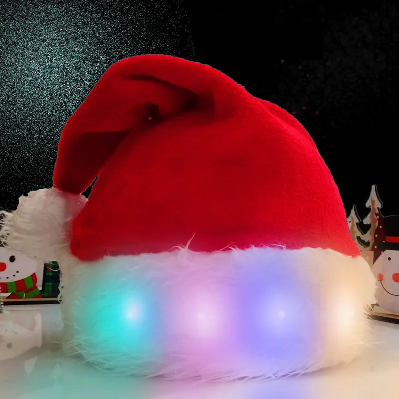 Red and white plush Santa hat with pom-pom and 9 colour-changing LED lights lit up.