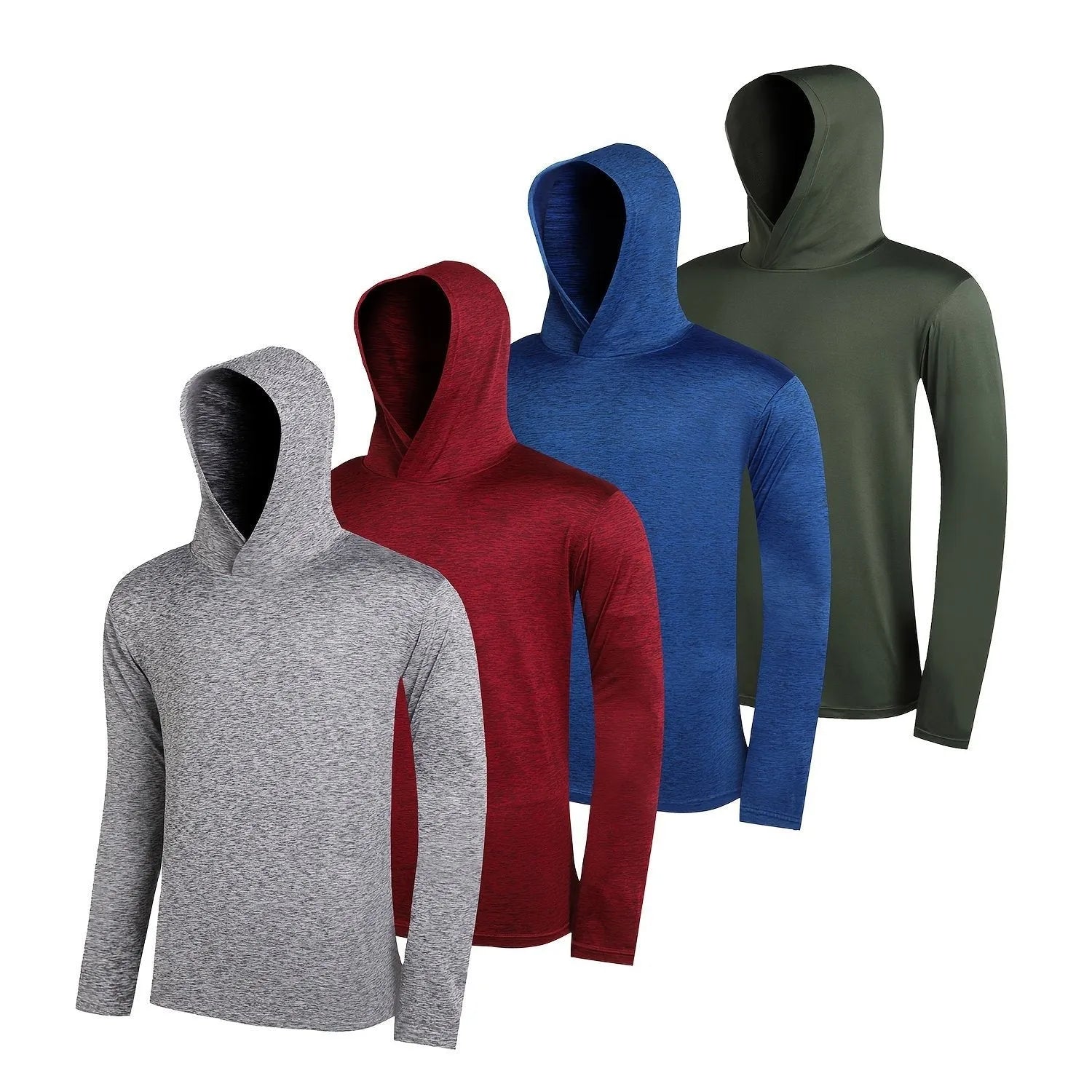 Men's lightweight hoodie four-pack in elastic polyester fibre showing colour options and hooded styles