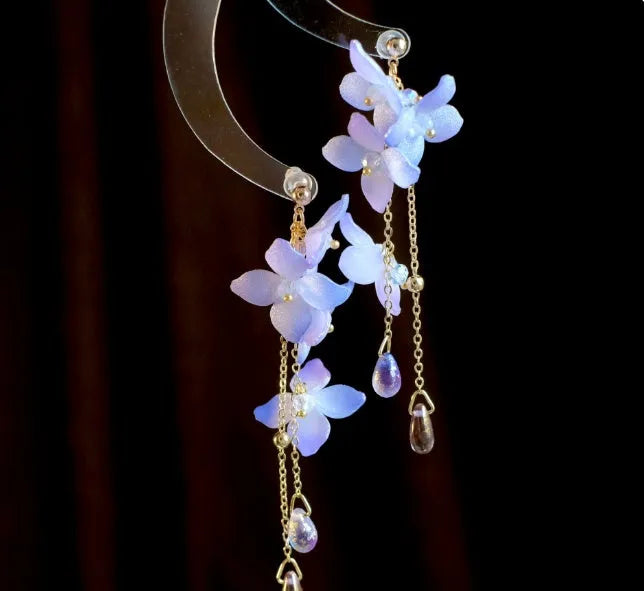 Handmade cold blue purple flower long tassel water drop earrings with gold-plated inlaid stone