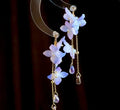 Handmade cold blue purple flower long tassel water drop earrings with gold-plated inlaid stone
