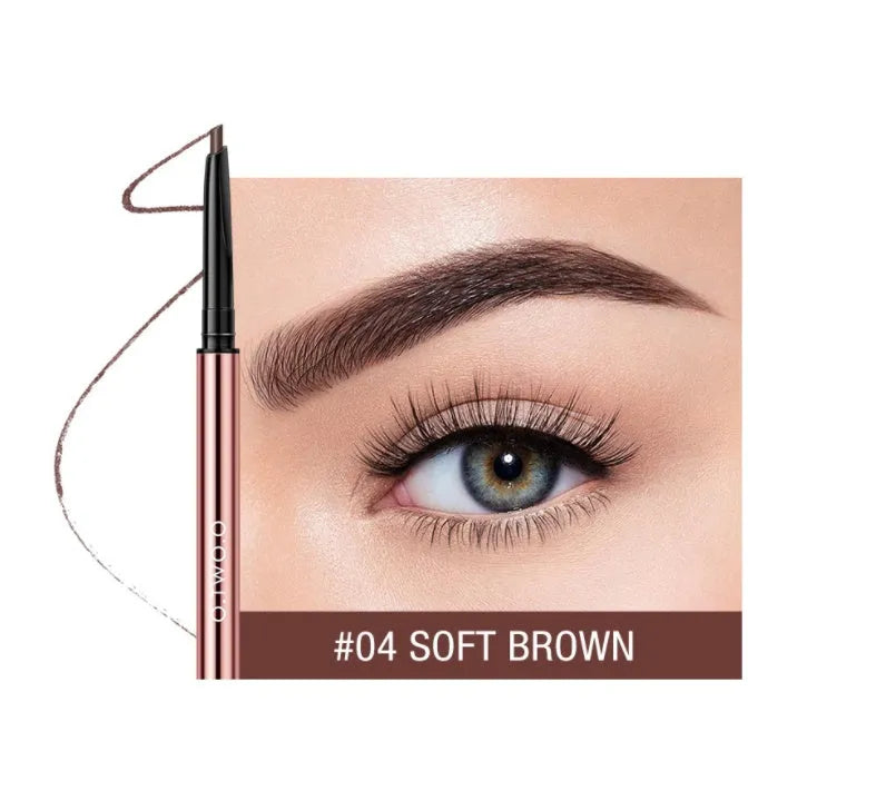 Square-shaped eyebrow pencil in colour box with Auburn, Blonde, Caramel, Dark Brown, Soft Brown, Taupe shade options.
