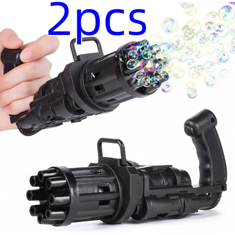 Kids plastic bubble machine gun toy in pink, gold, or black with battery compartment and removable bubble head.