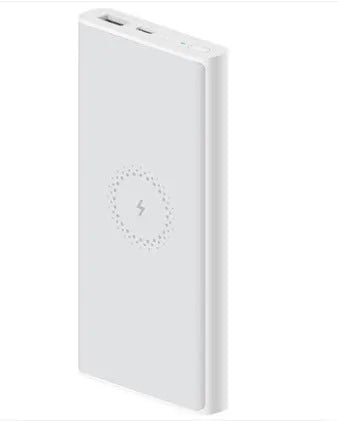 White or black 10000mAh power bank with USB-C port and wireless charging