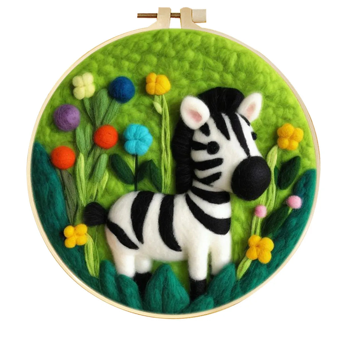 Round linen embroidery kit with wool felt materials for three-dimensional floral design