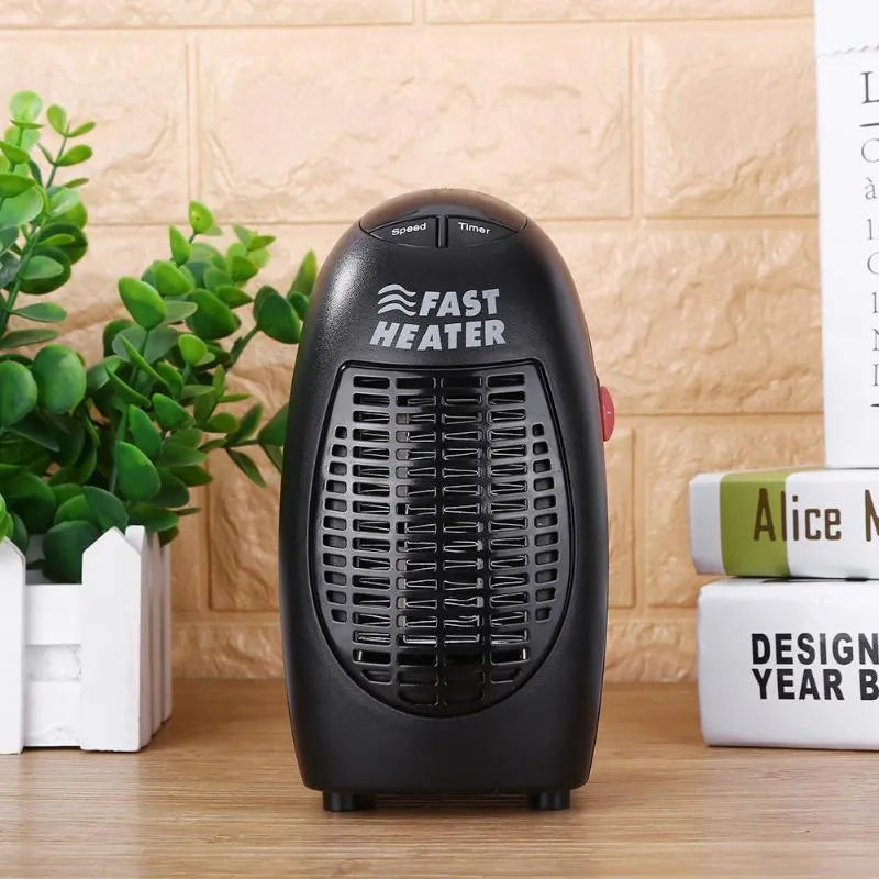 Black compact ceramic electric heater with digital display and rotating three-prong plug