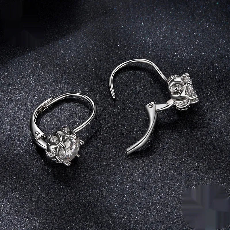 Silver flower bud ear clip earrings with moissanite stone and white gold plating