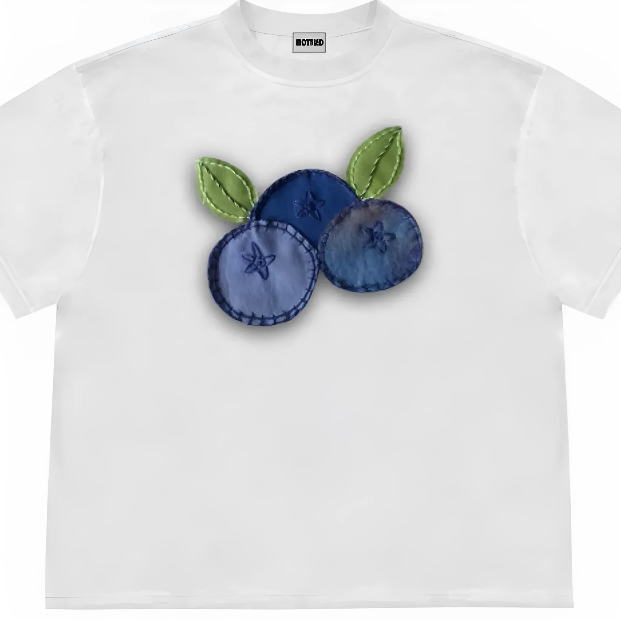 Blueberry patchwork style T-shirt with fruit print design in ice oxygen cotton material