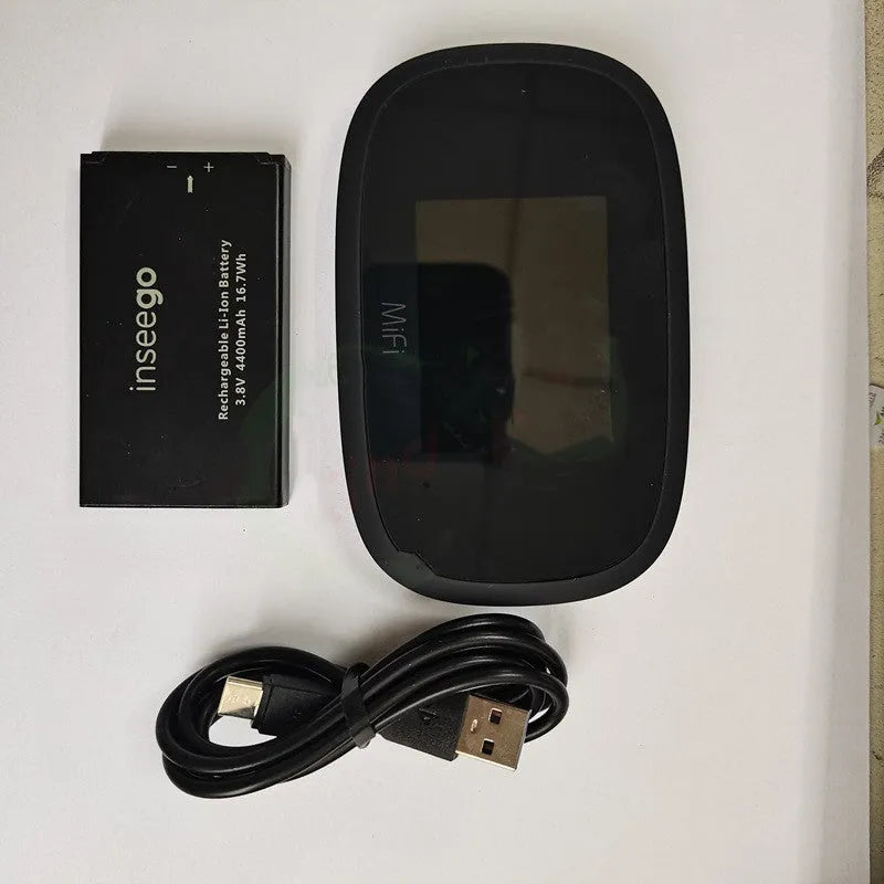 Black mifi8000 4G portable wireless router with battery and data cable on a white background.