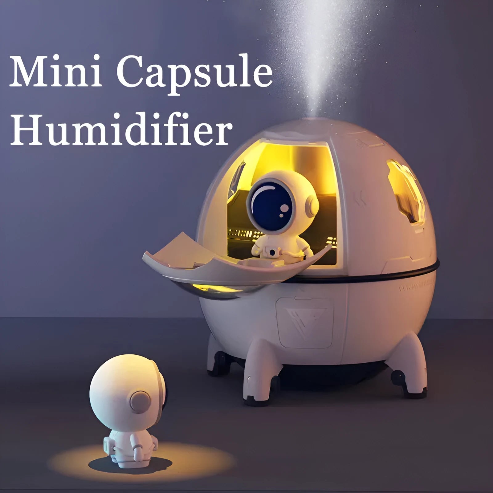 Purple astronaut-shaped USB desktop humidifier with colourful LED light on a desk