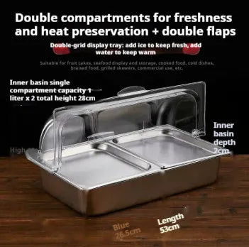 Stainless steel commercial dining plate display box with a removable lid and multiple inner compartments.