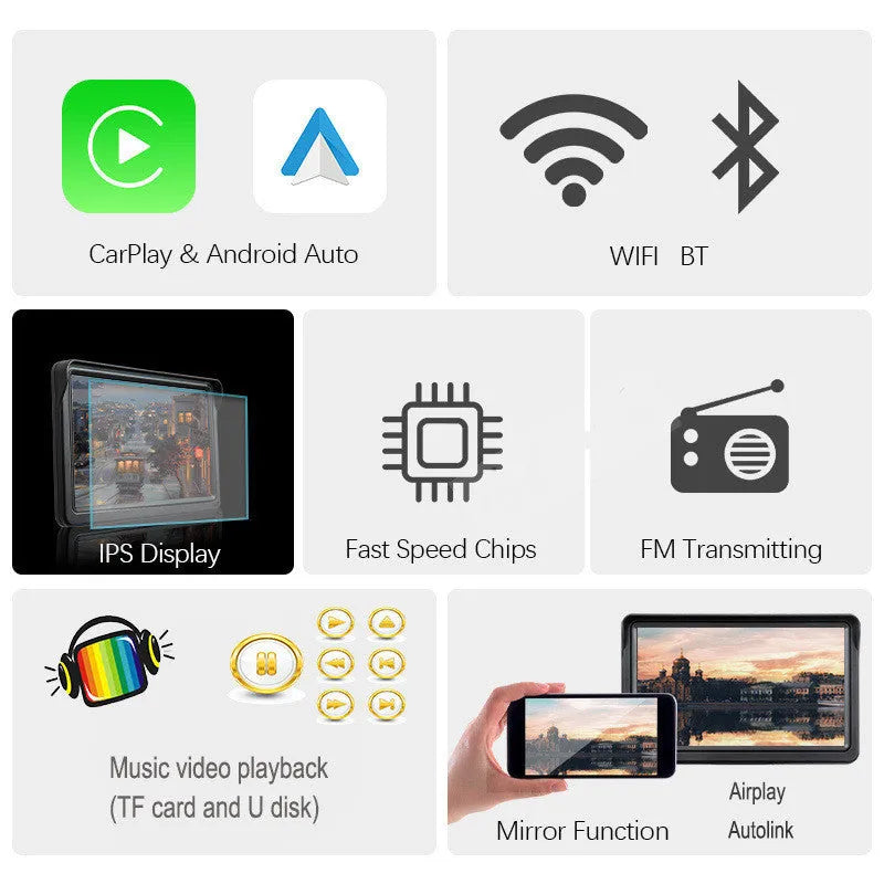 7 inch portable car smart screen with wireless CarPlay on retractable bracket for universal vehicle installation
