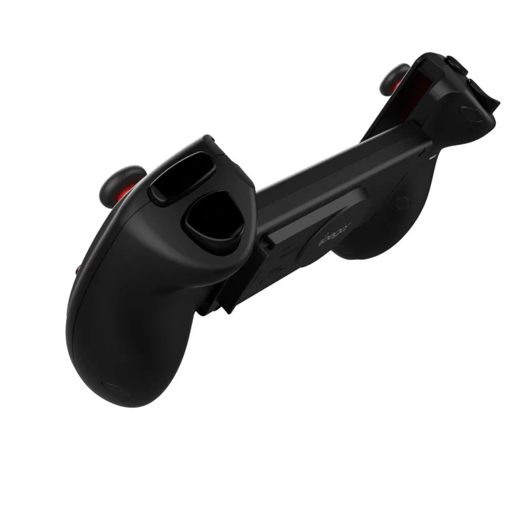A red telescopic gamepad controller extended to hold a smartphone, with analogue sticks and action buttons visible.