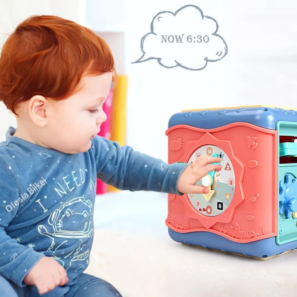 17cm hexahedron educational toy cube showing bead maze, gear connections, and clock face activities