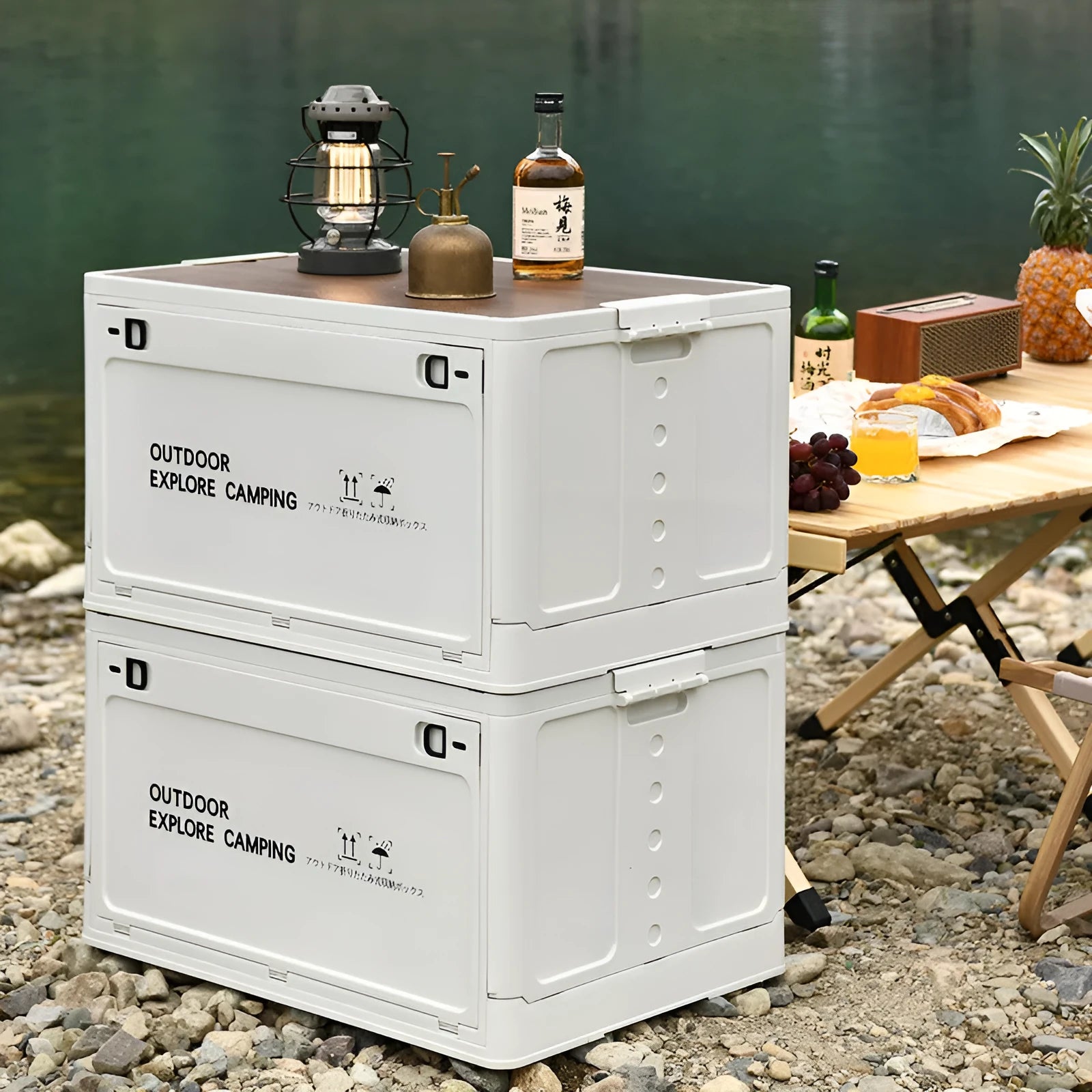 Foldable plastic storage box with wooden lid in nordic green colour