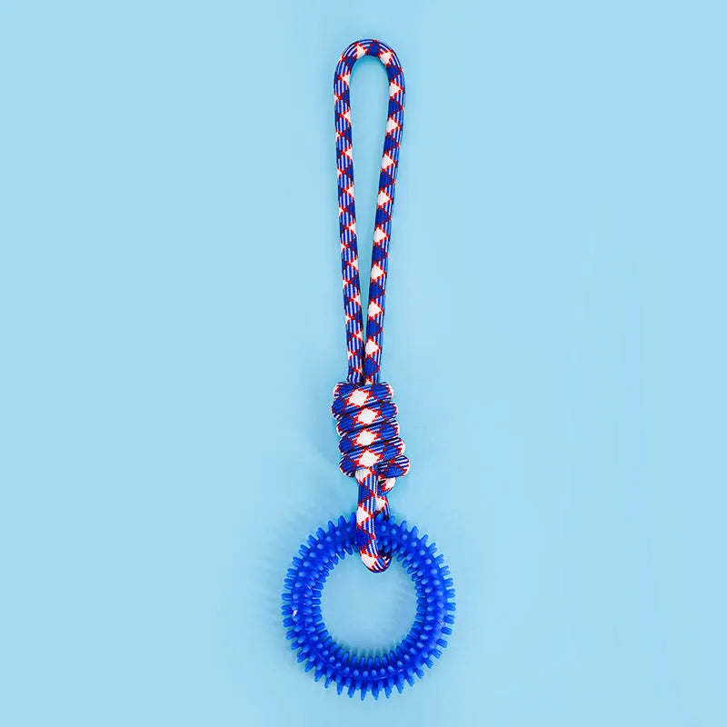 Blue braided rope dog chew toy with central knot measuring 43cm long