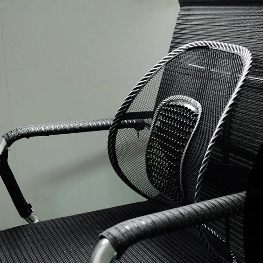 Black leather-pattern car lumbar support pillow showing adjustable steel wire frame construction