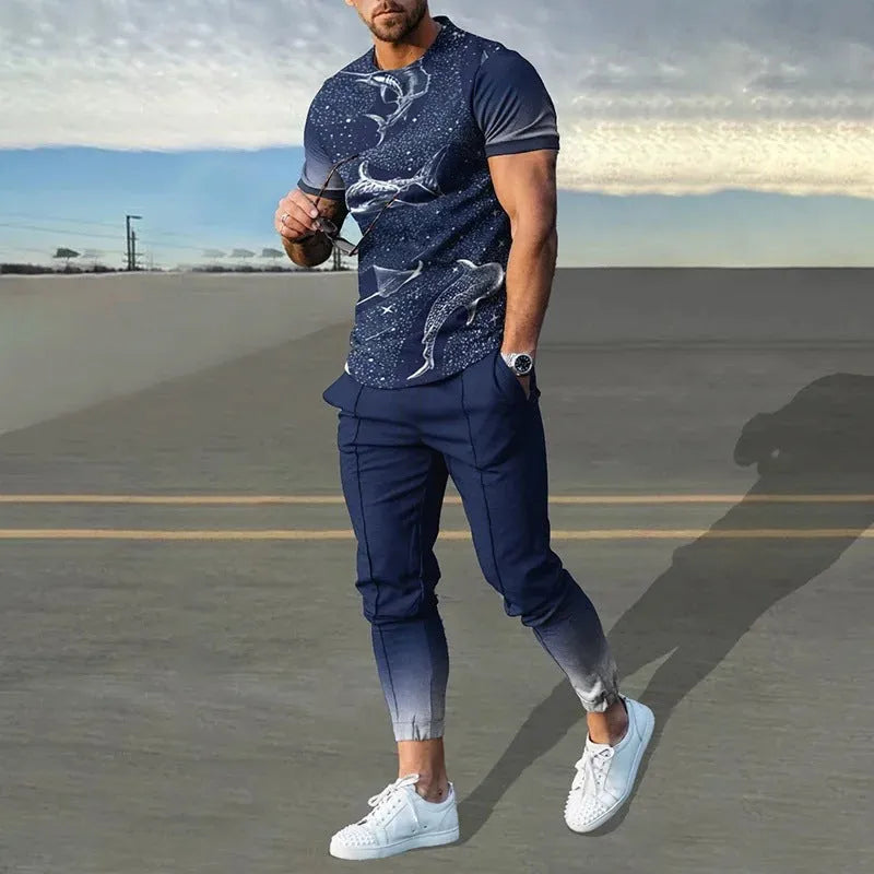 Men's short sleeve printed pullover and trousers set in thin polyester blend fabric for sports and casual wear