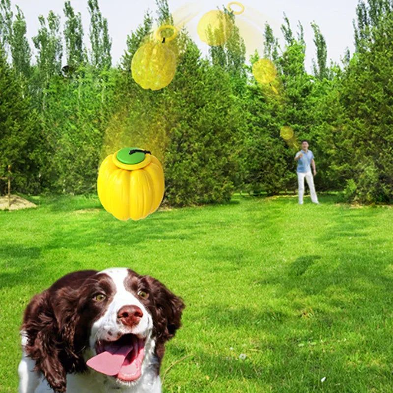 Green, orange, and yellow plastic pumpkin-shaped squeaky dog ball toy for small breeds.