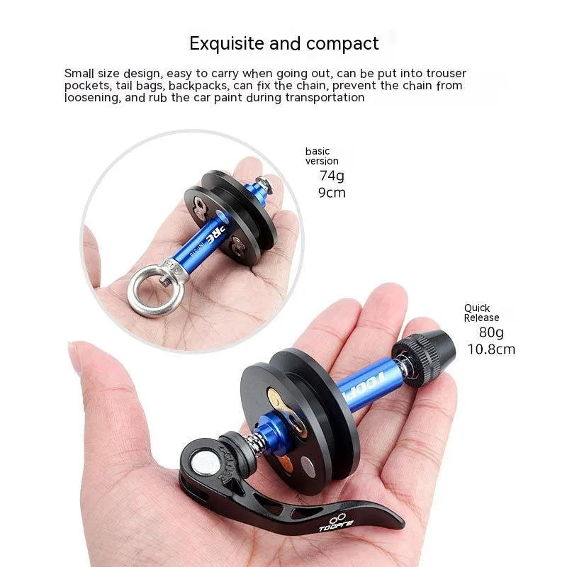 Aluminium bicycle chain holder tool in barrel shaft, basic, and quick release versions.