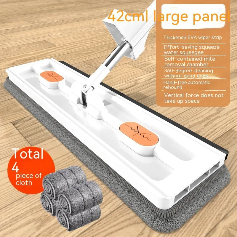 Large flat mop with long stainless steel handle and blue cleaning cloth on hard floor