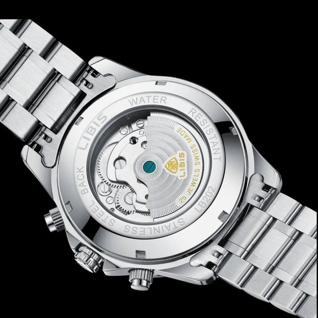 Men's silver stainless steel automatic perpetual calendar mechanical watch with sapphire crystal