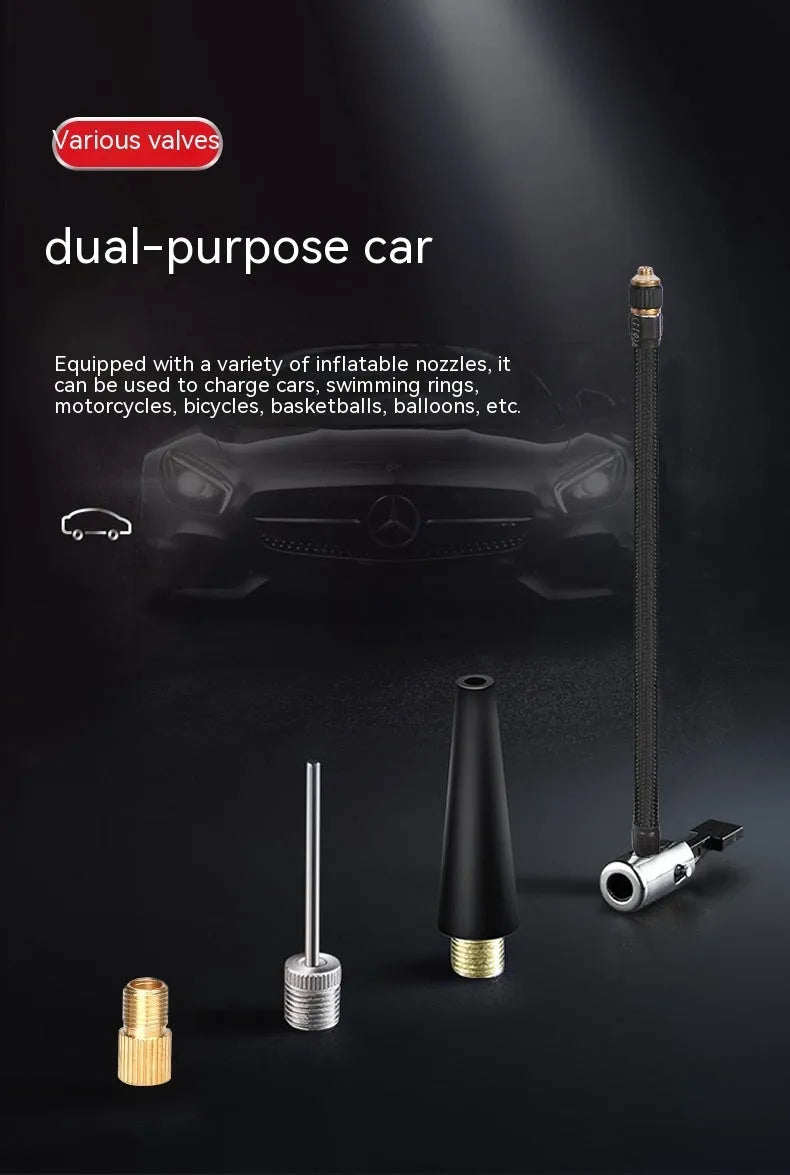 Red and black portable car tyre inflator unit with power cable and nozzles for tyres, balls and swimming rings
