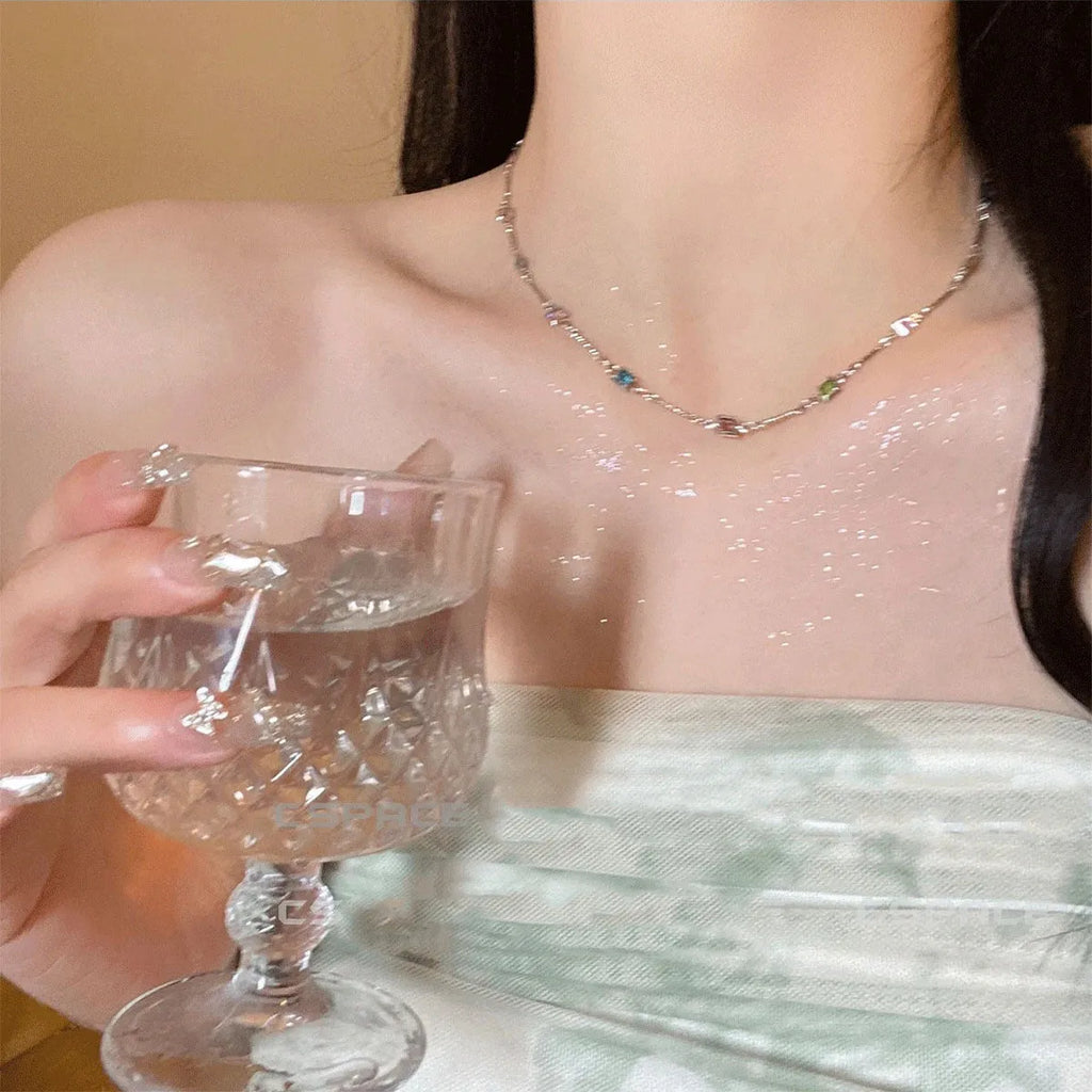 Square colour crystal clavicle chain necklace with geometric pendants in gold tone finish