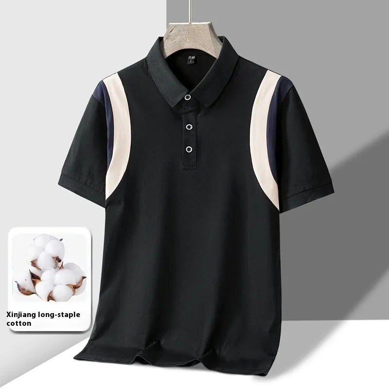 Men's striped cotton T-shirt with a lapel collar and short sleeves in a loose fit.