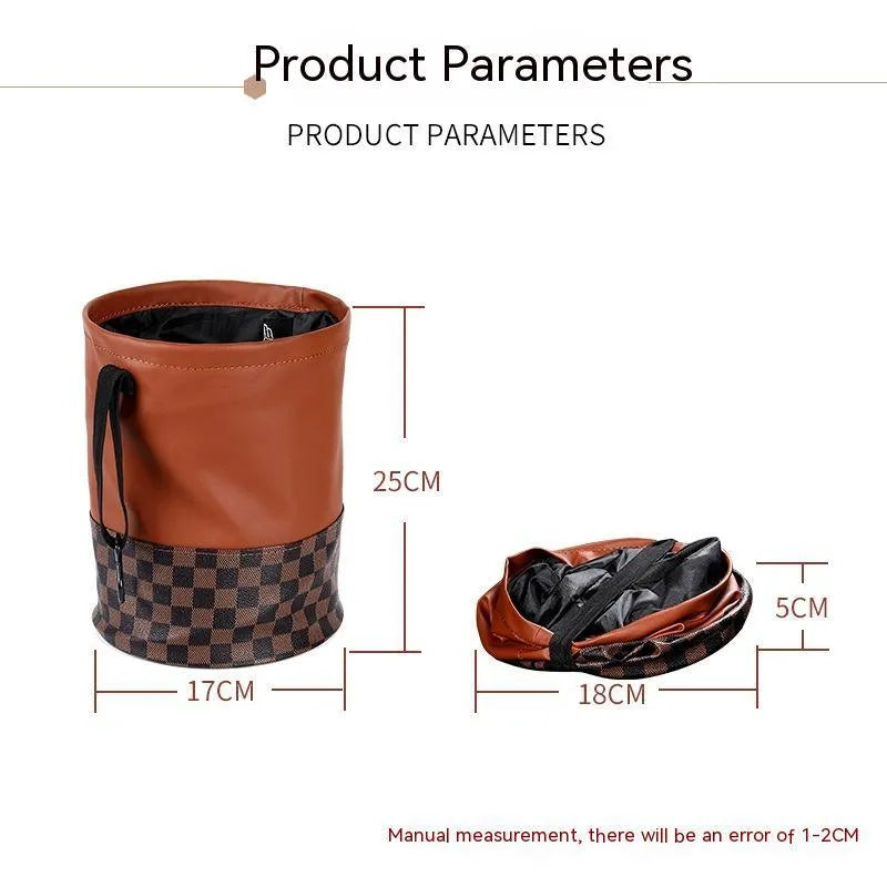 A retractable leather car trash can shown in a vehicle, featuring a carry handle.