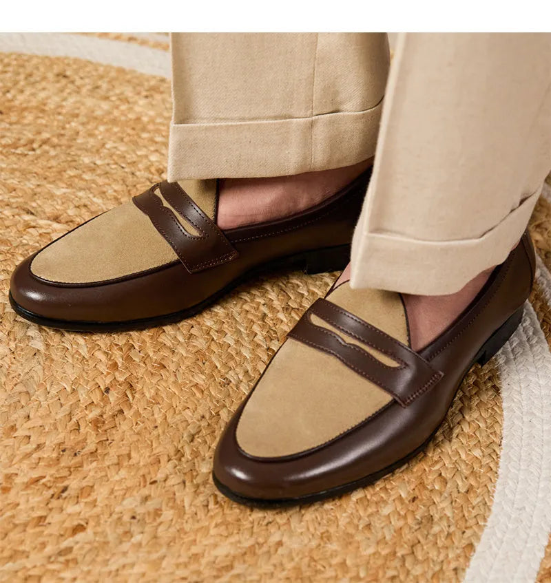 Coffee grey suede loafers with one-kick closure and rubber sole