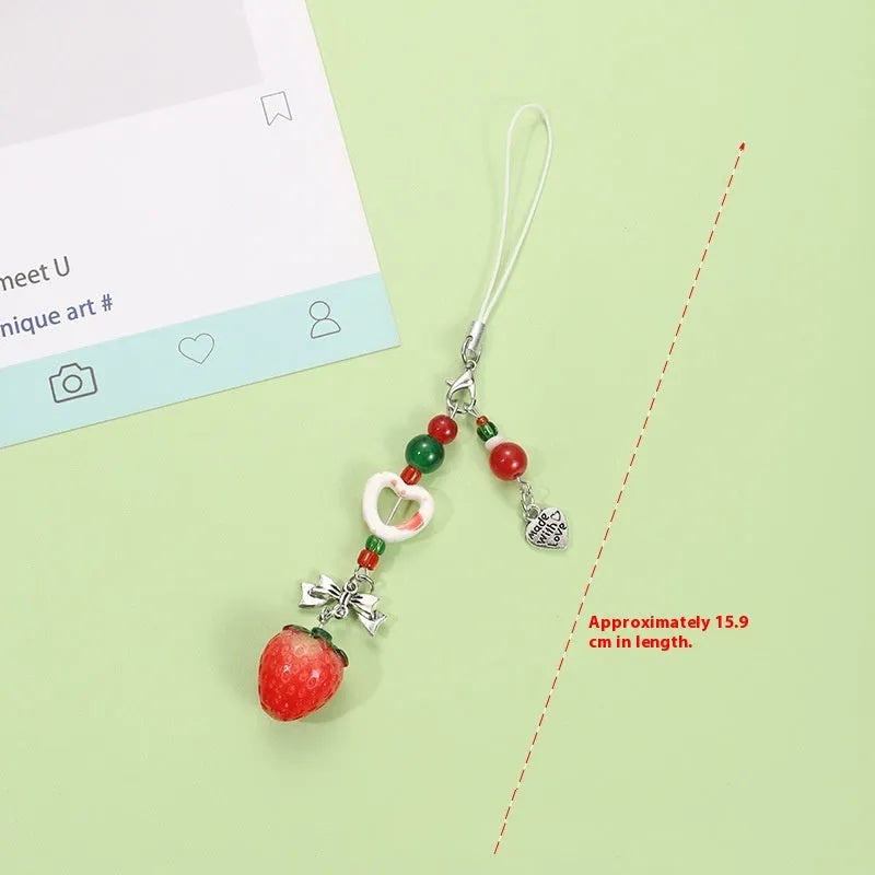 Plastic resin mobile phone charm keychain with fruit patterns including apple and strawberry designs