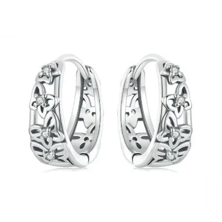 Sterling silver retro butterfly earrings with zircon detailing measuring 14mm tall
