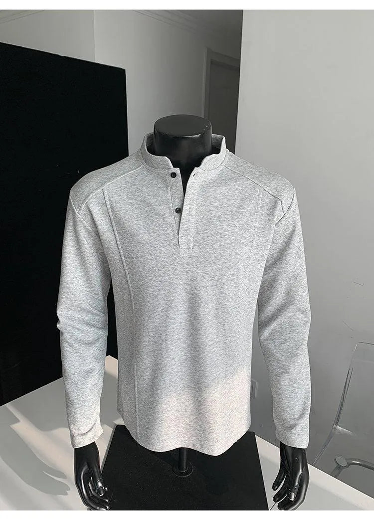 Men's asymmetric patchwork stand-up collar polo shirt in Chinese cotton fabric with loose fit
