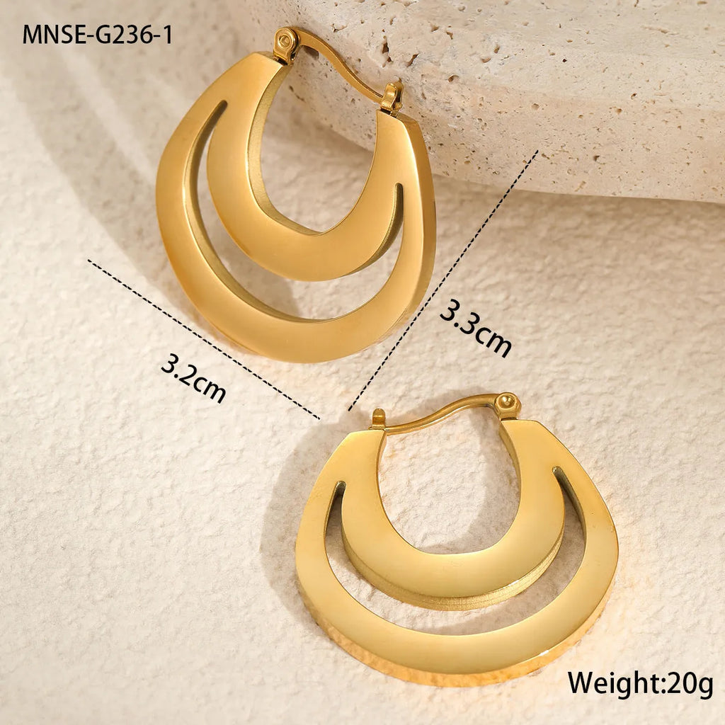 Geometric circular French earrings with gold plating on stainless steel, minimalist design