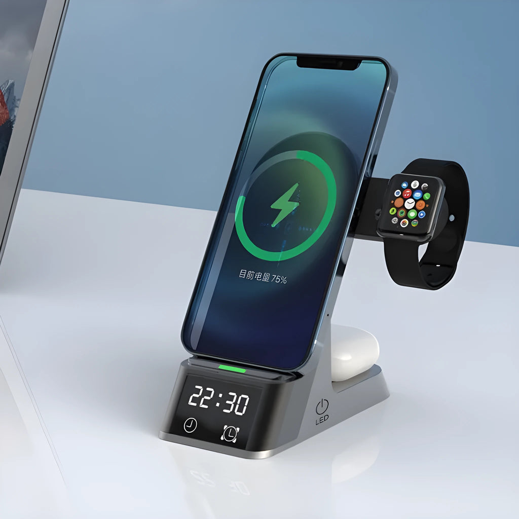 Black six-function wireless charging alarm clock with phone, watch and earphone charging outputs