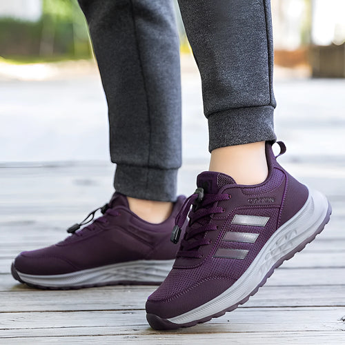 Breathable non-slip mum shoes with mesh upper and elastic band in black, dark grey, purple, and purplish red.