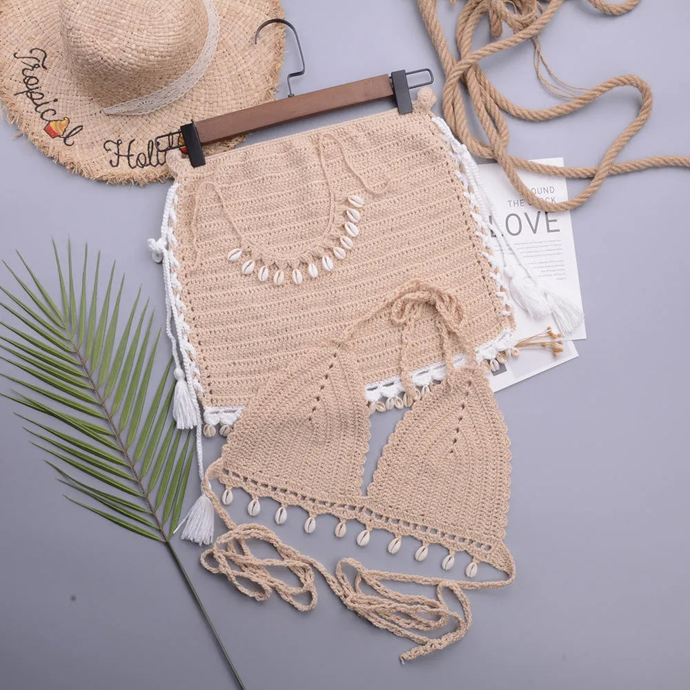 Women's handmade cotton blend lace-up split swimsuit bikini in solid colours.