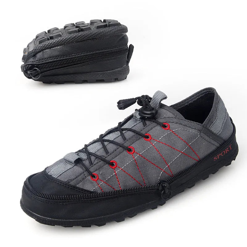 Portable folding outdoor hiking shoes in orange with side zipper closure and mesh upper