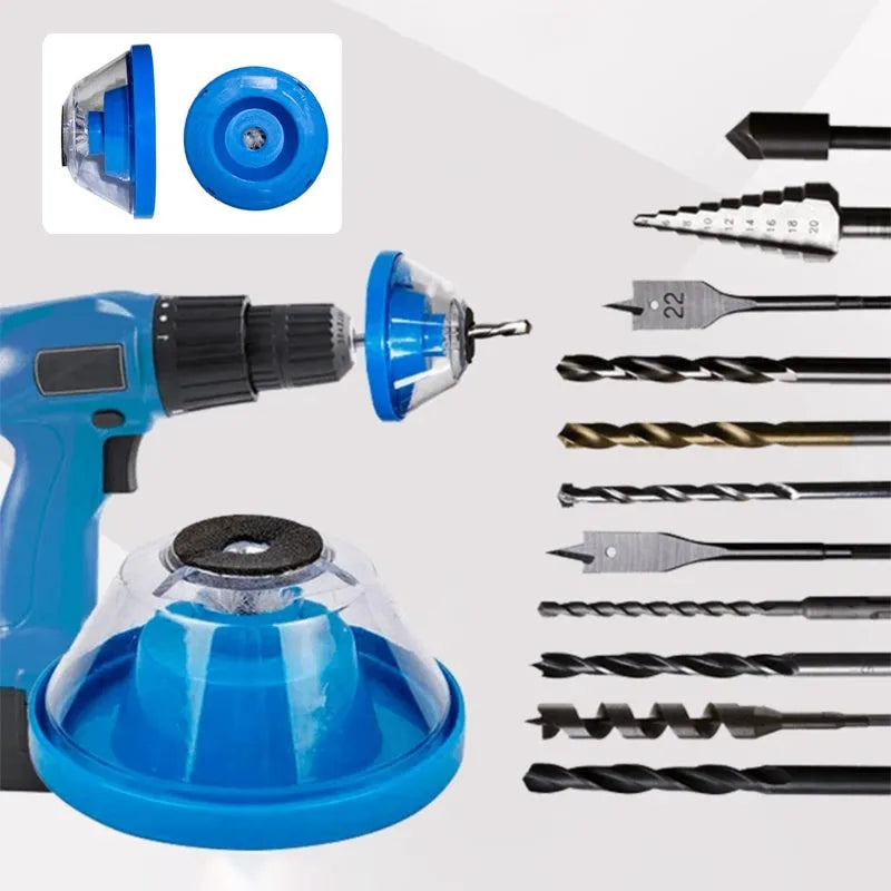 Blue bowl-shaped plastic dust cover attachment for an electric hammer drill tool.