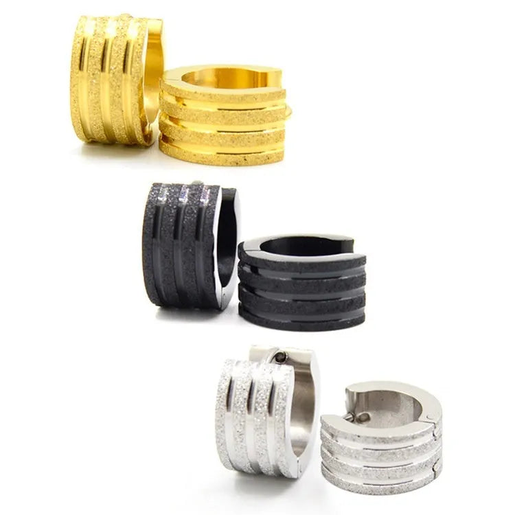 Geometric three-line frosted earrings in titanium steel with electroplated black, gold, or steel finish