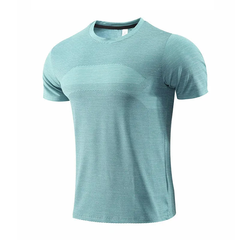 Men's short sleeve running t-shirt in polyester spandex fabric on a hanger