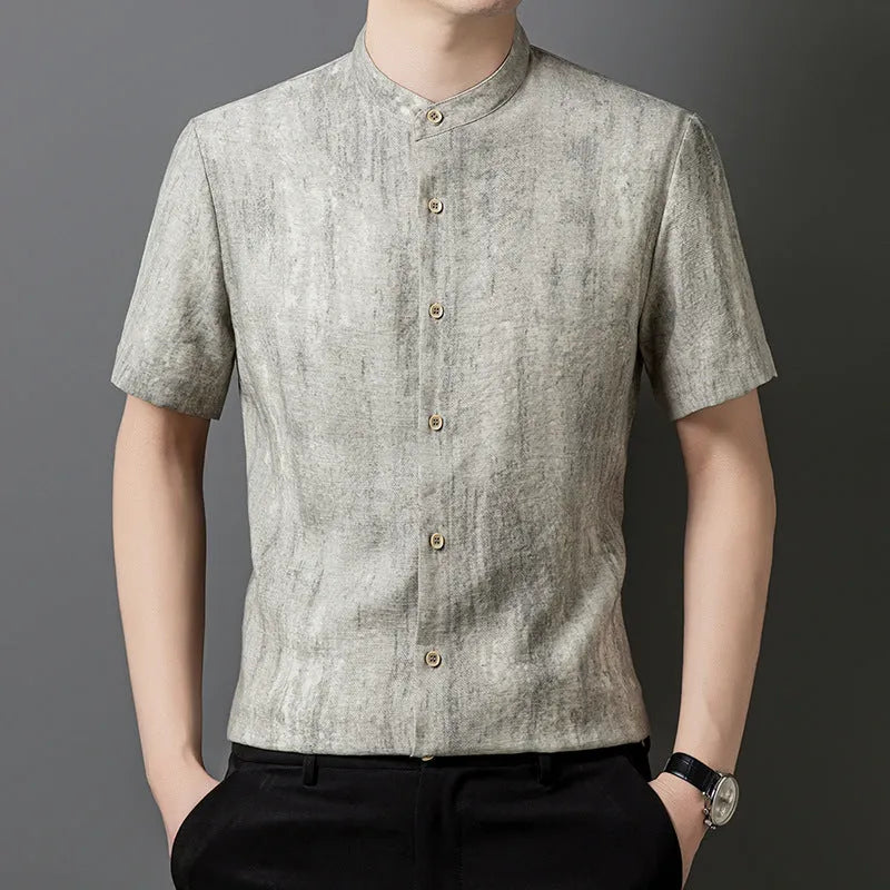 Men's loose fit linen shirt with stand collar in solid grey colour, cardigan style casual top