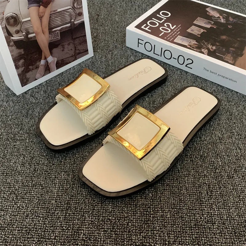 Women's summer flat slippers in apricot colour with PVC sole