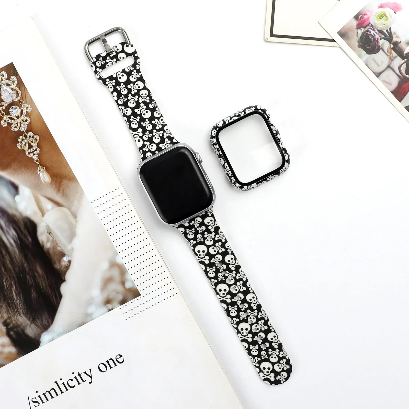 Printed silicone watch strap for Apple Watch showing multiple colourful pattern options.