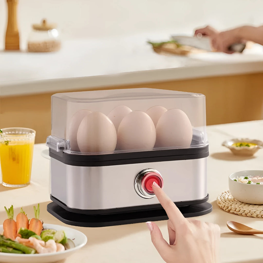 Black stainless steel portable egg boiler with carrying belt for travel use