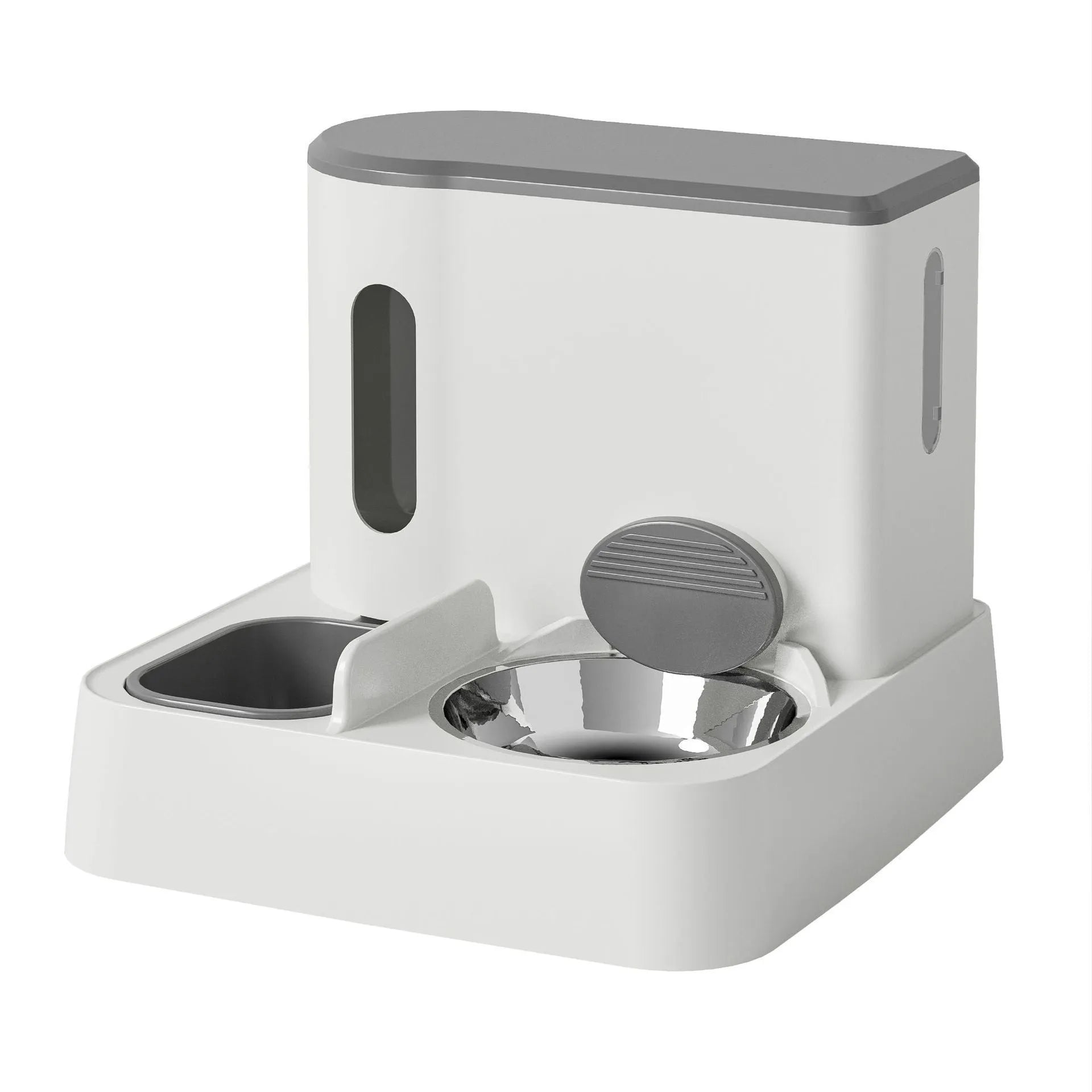 Automatic cat feeder with integrated water dispenser showing grey, green, and yellow colour options