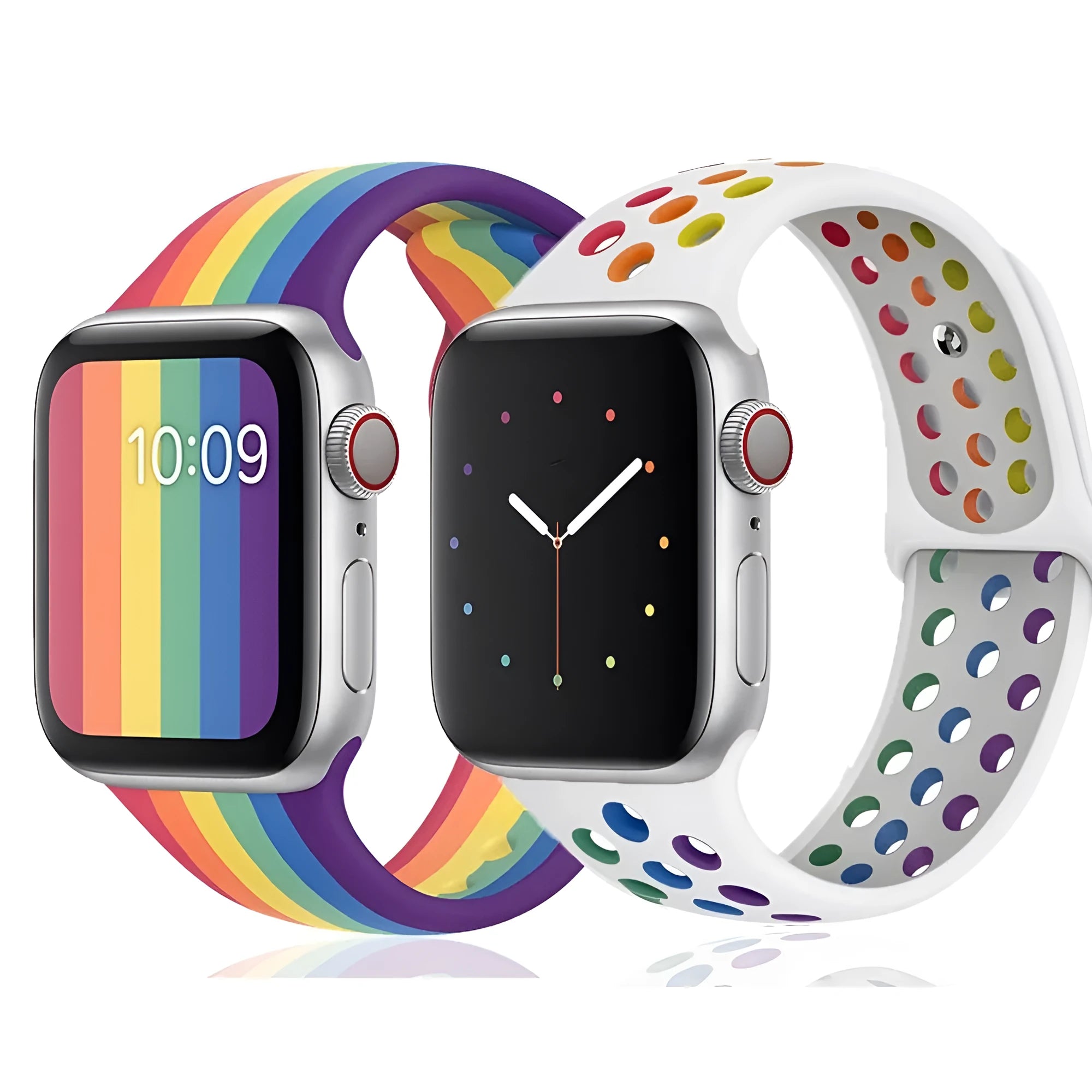 Silicone sports wristband strap with single buckle in black, rainbow, and white colour options showing 38x40mm and 42x44mm sizes