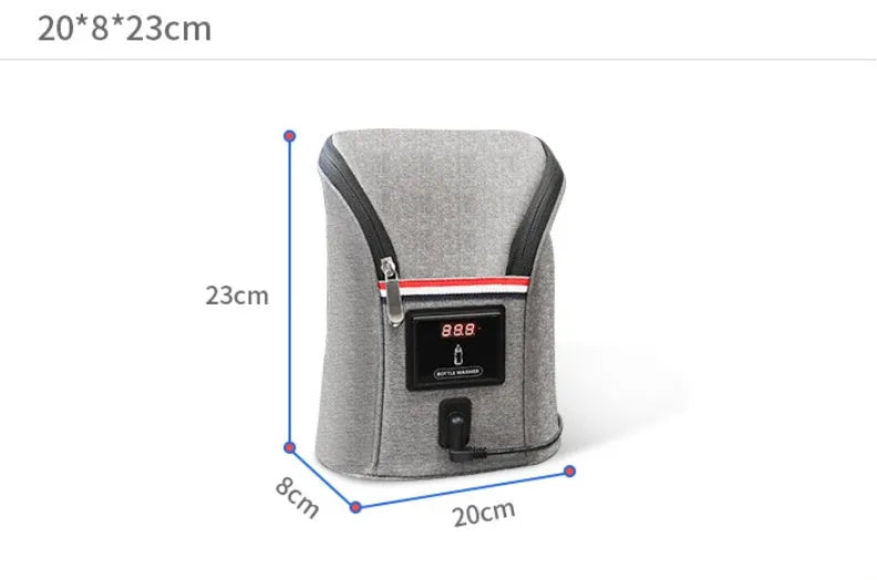 Grey Oxford cloth portable baby bottle warmer bag for car use with 12V charger and temperature display.