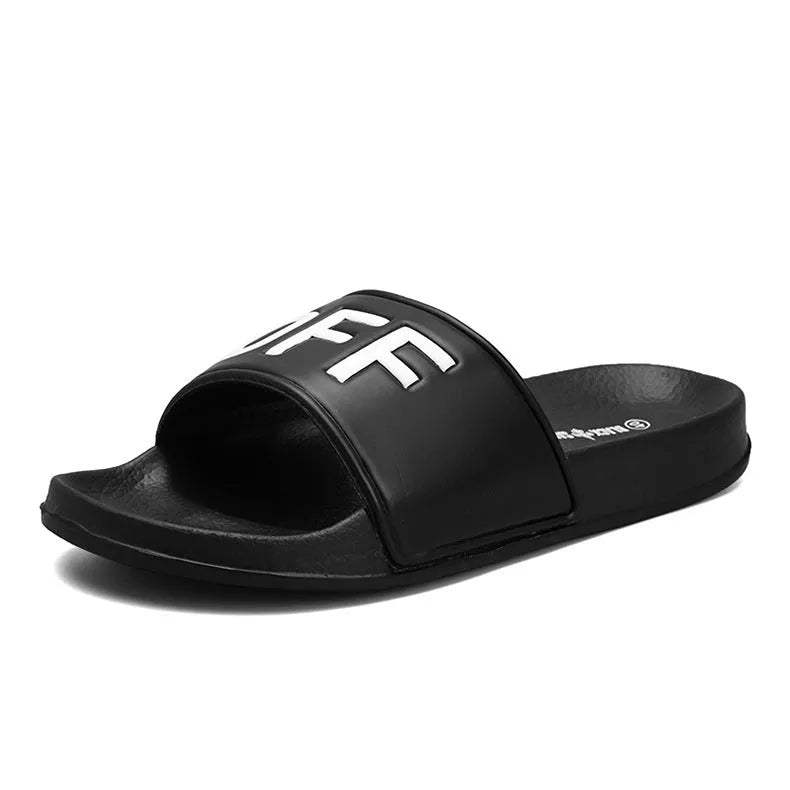 Large size personalised open-toe men's slippers with rubber sole in black and white.